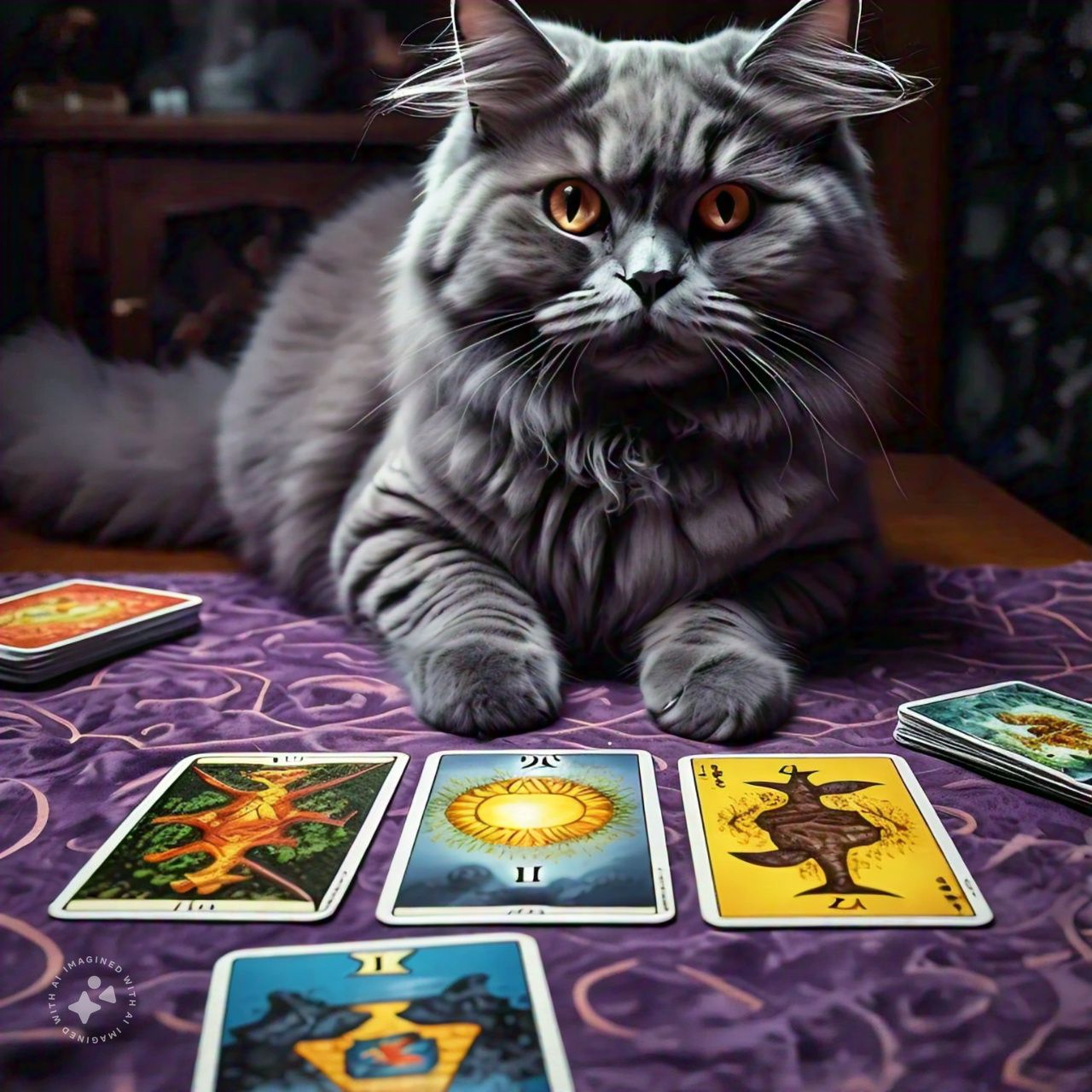 Gato sobre mantel lila con cartas